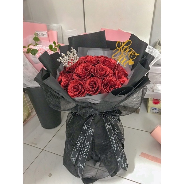 Set Hoa sáp 20 bông- Gói giấy Hàn Cafin vip -Tặng kèm vương miện và thiệp