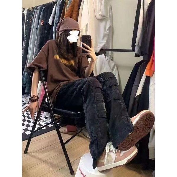 Quần Jeans Đen Cột Dây Ống Suông Phong Cách Đường Phố Mỹ Cho Nữ