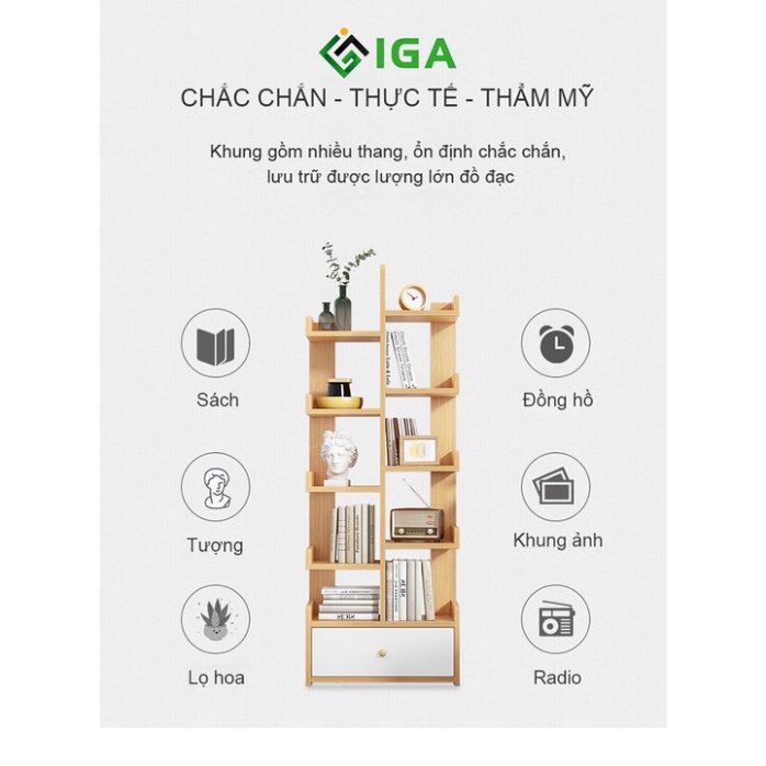 Giá sách hình cây 6 tầng có hộc đừng đồ, kệ sách gỗ phong cách Nordic - GP171