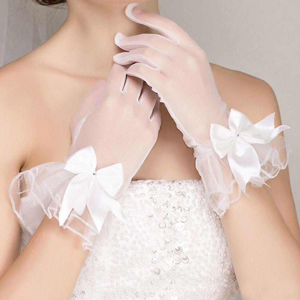 Phụ Kiện Găng Tay Vải Ren Trắng Trong Suốt Đính Nơ Dùng Khi Mặc Váy Cưới
