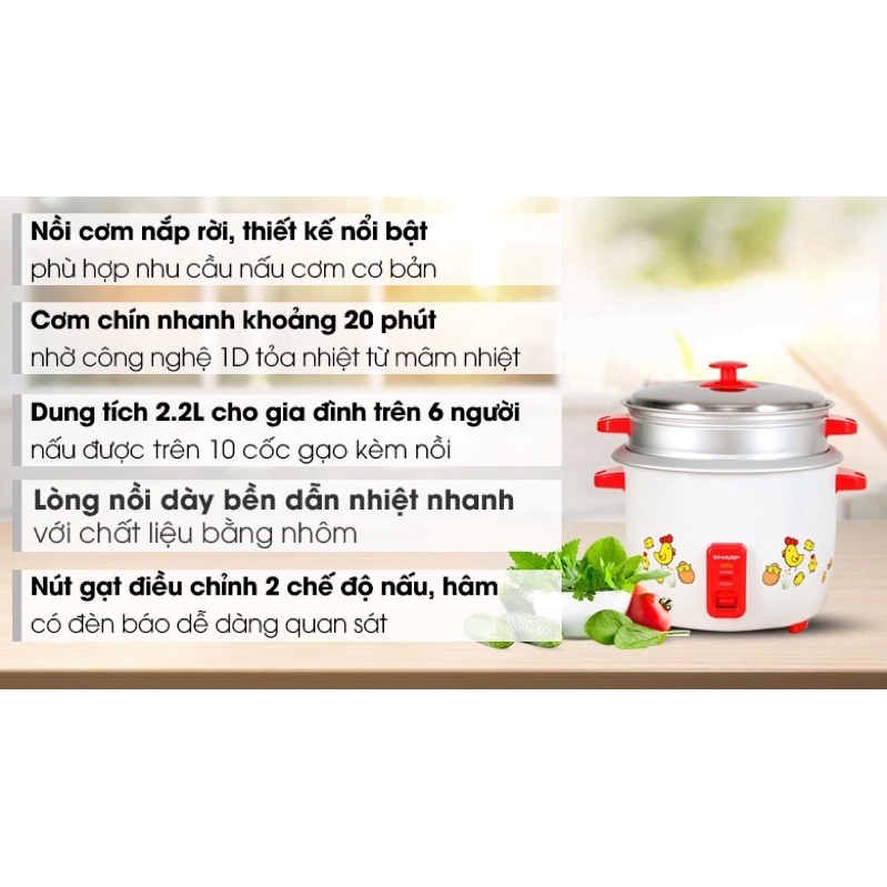 Nồi cơm điện nắp rời Sharp 2.2 lít KSH-D22SV-CH. hàng Việt Nam, bảo hành 12 tháng