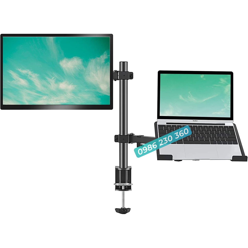 M074 | Giá Treo Màn Hình 17-32 Inch Tích Hợp Sẵn Giá Đỡ Laptop  / Tải Trọng 8Kg - Tay 38 Cm  - Lắp Đặt Kẹp Bàn