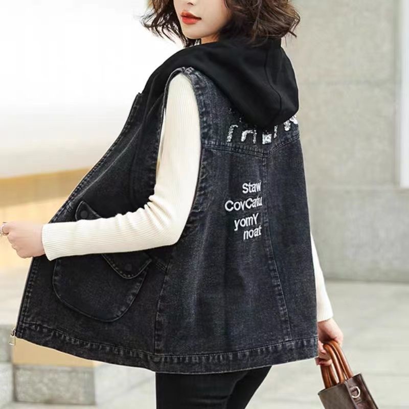 Áo Khoác Denim Có Mũ Trùm Đầu Họa Tiết Thêu Cá Tính
