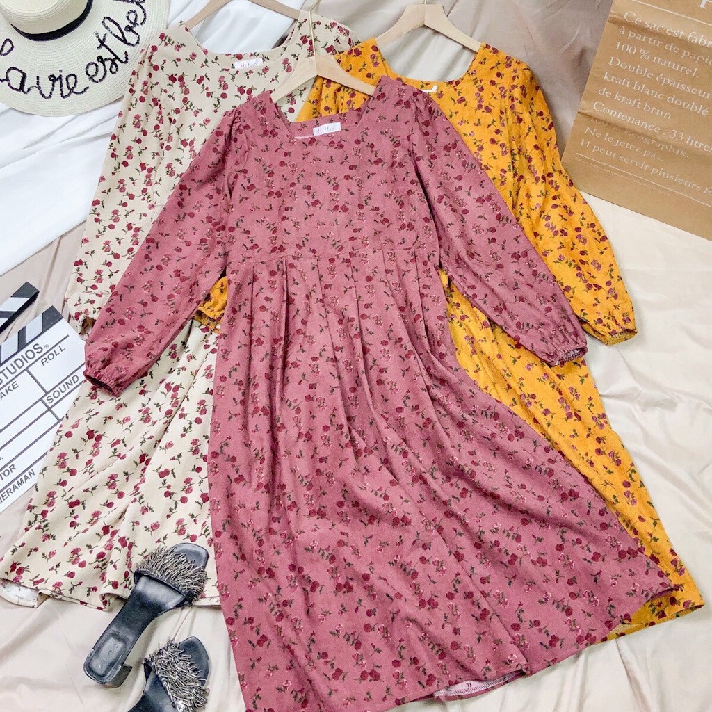 Đầm Maxi hoa, vải nhung tăm, phối xếp li, đầm Vintage đi biển, du lịch, chụp ảnh | BigBuy360 - bigbuy360.vn