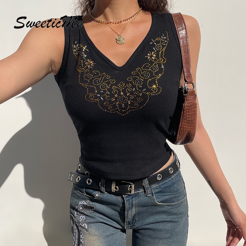 Áo Tank Top Cổ Chữ V In Họa Tiết Kim Cương Hot Kiểu Dáng Mới 2022 Cho Nữ