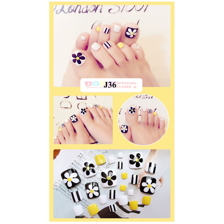 Set 24 móng chân giả họa tiết hoa 3D Jojo shop móng giả thời trang kèm keo tự làm tại nhà