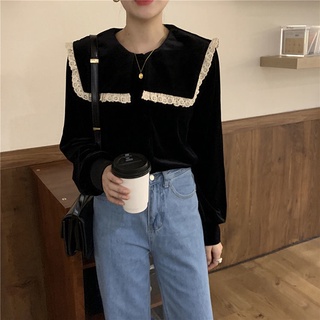 Áo nhung tay dài cổ búp bê phối ren phong cách Hàn Quốc