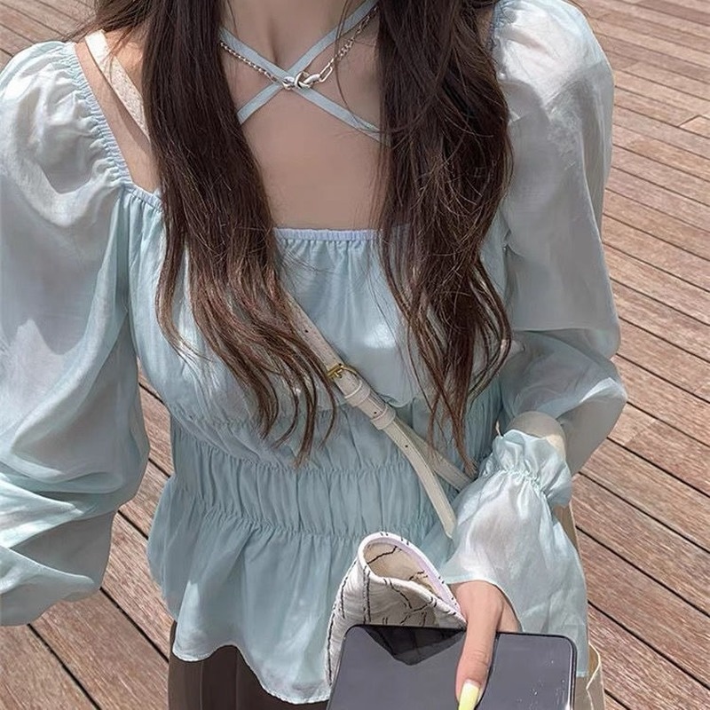 Áo Sơ Mi Dài Tay Cổ Vuông Thời Trang Theo Phong Cách Pháp Cho Nữ