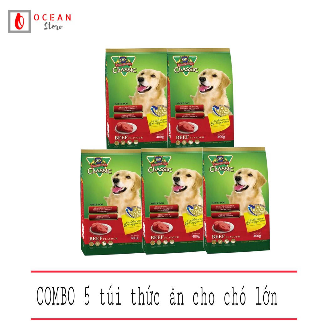 (COMBO 5 GÓI) Thức ăn cho chó lớn vị thịt bò nướng - Thức ăn cho chó CP Classic 400g (dành cho chó trên 1 năm)