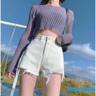 Quần short jean rách lưng cao thời trang cho nữ