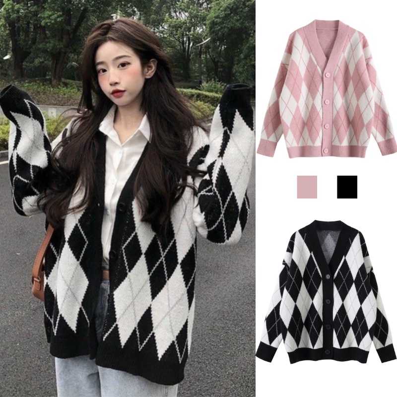 Áo khoác len cardigan nữ form rộng họa tiết quả trám kim cương hàng quảng châu cao cấp SUTANO