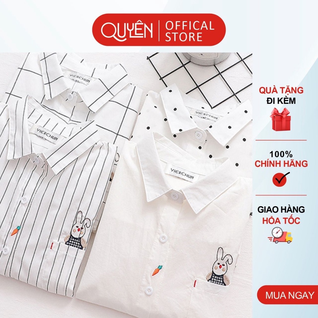 Áo sơ mi thêu hình Thỏ và cà rốt Quyên Fashion AA559 công sở basic màu trắng, kẻ