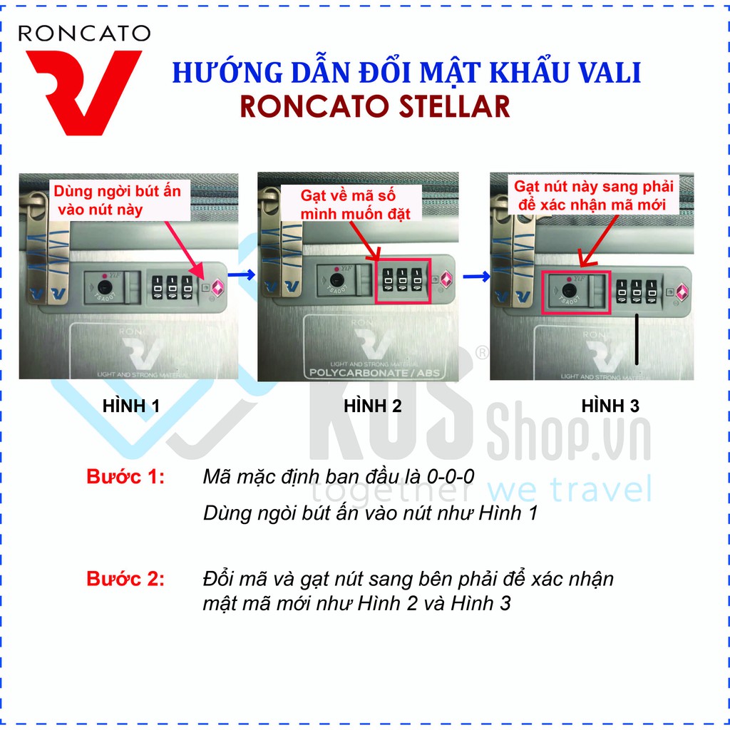 Vali du lịch Roncato Stellar size L (28-30 inch), nhựa ABS dẻo chống va đập, khóa mã số TSA, bánh xe kép xoay 360 độ