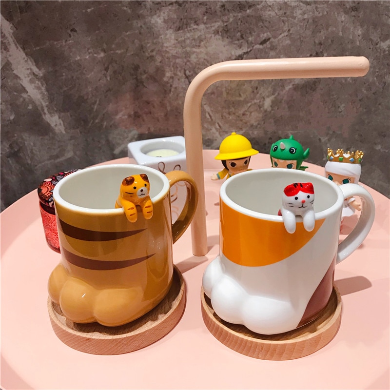 Cốc sứ dễ thương Nhật Bản Cốc cà phê bằng gốm 3D Mềm mại Mèo Vuốt Cốc sữa Bạn gái Quà tặng sinh nhật Chiếc cốc dễ thương Chiếc cốc ngộ nghĩnh Chân đế điện thoại