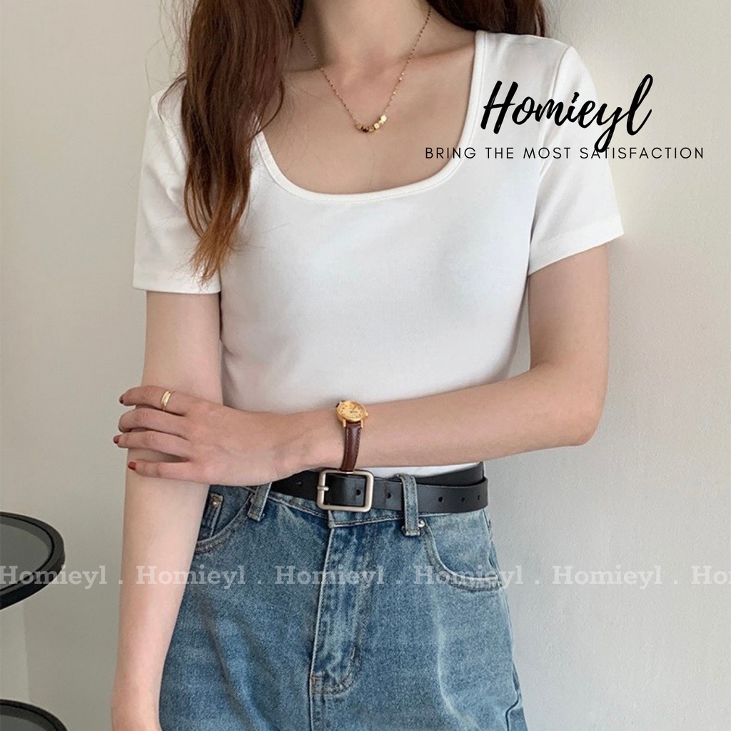 Áo thun trơn nữ cổ vuông ngắn tay ôm body cotton basic đẹp đen trắng Homieyl cao cấp, áo phông trơn nữ 🔲 đi chơi H22