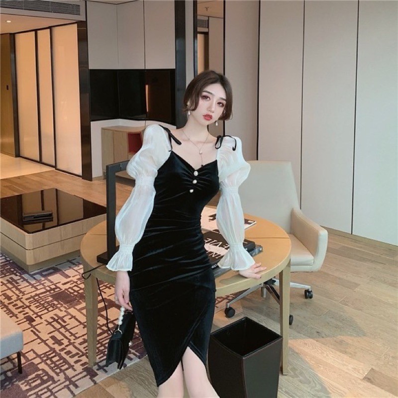 Đầm nhung phối tay voan koreastyle
