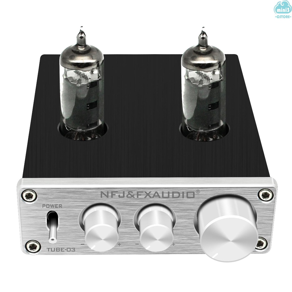 (V06) FX-AUDIO TUBE-03 Mini HiFi Audio Preamplifier 6K4 Vacuum Tube Amplifier Buffer Treble Bass Adjustment RCA Preamp Silver EU Plug