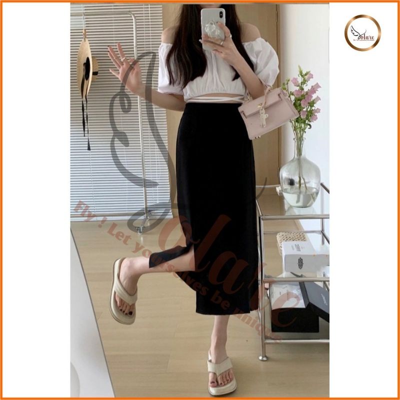 Chân Váy Dài Chữ A Xẻ Trước Bigsize Màu Đen Dài 70cm Lưng Thun Sau VXTR70