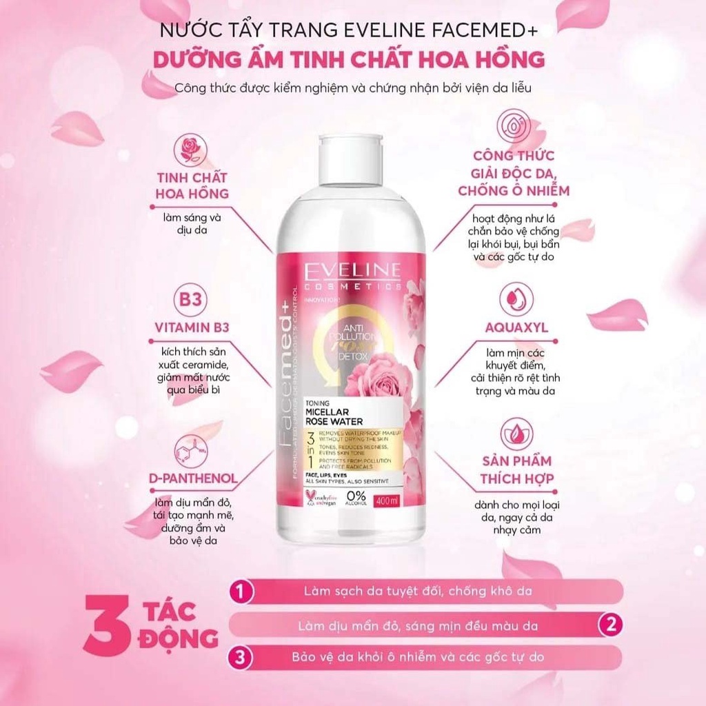 [Nhập khẩu chính hãng]  Date 12/2024-Nước tẩy trang Eveline Facemed tinh chất hoa hồng 400ML