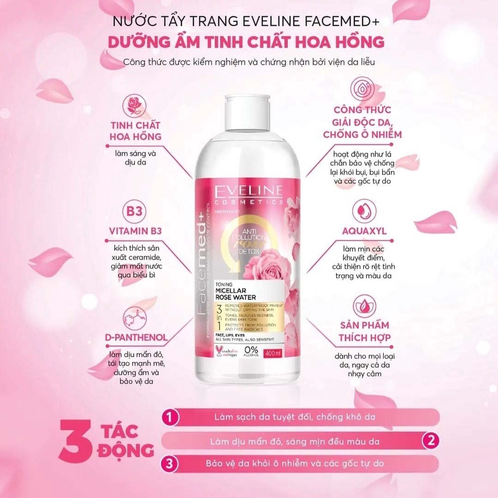 Nước tẩy trang Eveline Facemed tinh chất hoa hồng 400ML