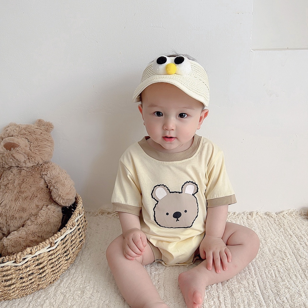 Bộ Áo Liền Quần Tay Ngắn Chất Cotton Mỏng Nhẹ In Họa Tiết Hoạt Hình Chú Gấu Phong Cách Hàn Quốc Thời Trang Cho Bé Trai Và Gái