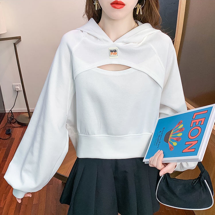 Áo Hoodie Giả Hai Lớp Dáng Rộng Ngắn Lưng Cao Phong Cách Hàn Quốc Thời Trang Mùa Thu Mới