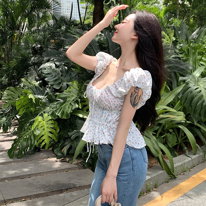 Áo Sơ Mi Tay Ngắn Cổ Vuông In Họa Tiết Hoa Thời Trang Mùa Hè Xinh Xắn Cho Nữ