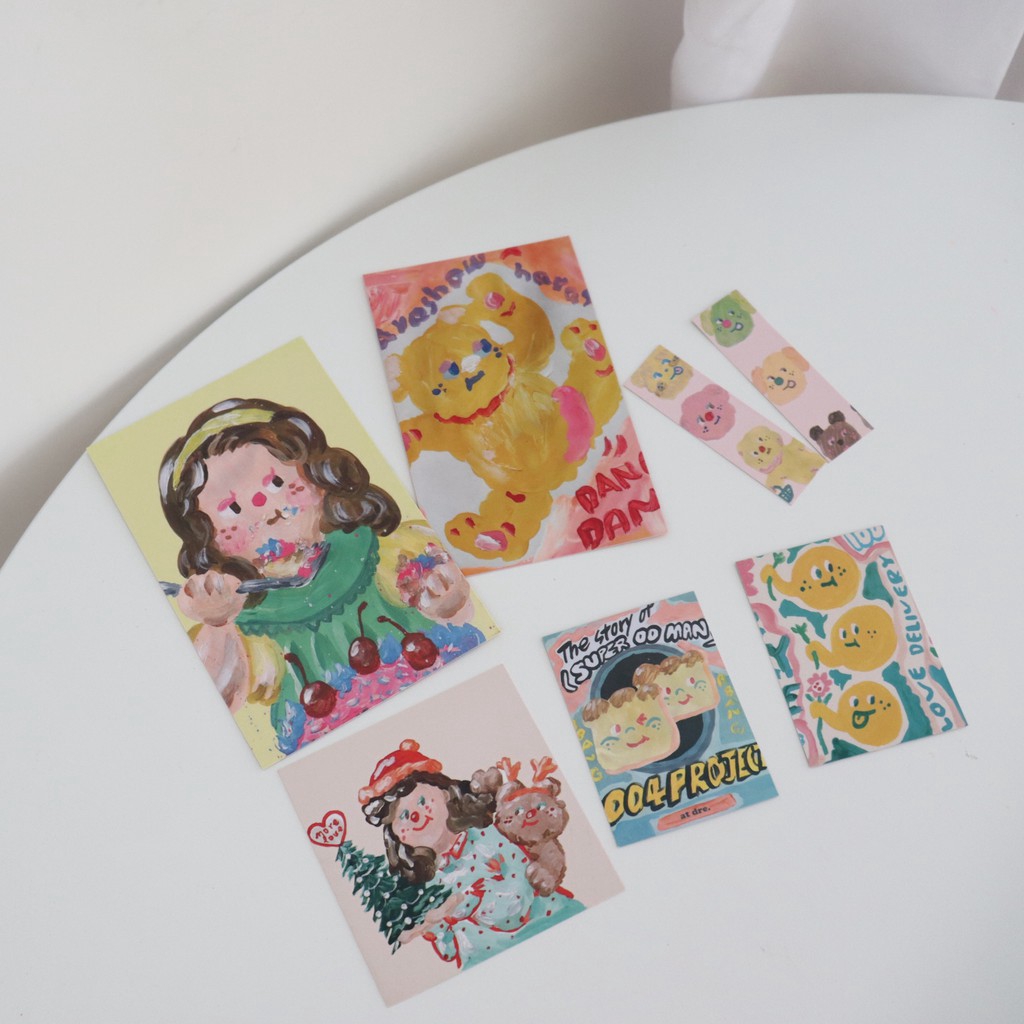 Set 7 card hình họa tiết tranh sơn dầu vẽ bé gái dễ thương dùng trang trí phòng