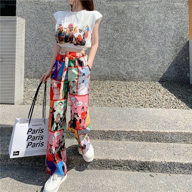 Jiashucheng Quần Dài Ống Rộng In Họa Tiết Graffiti Thời Trang Mùa Hè Có Size Lớn 150kg Dành Cho Nữ