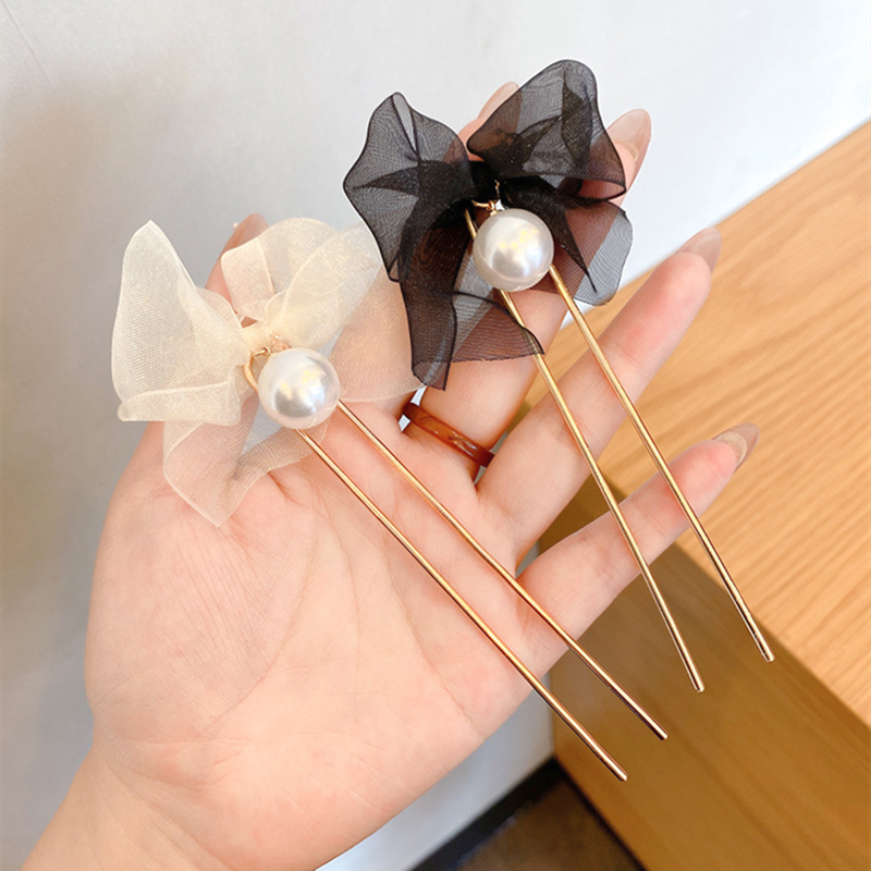 Kẹp tóc hình chữ u phối ren đơn giản phong cách Hàn Quốc