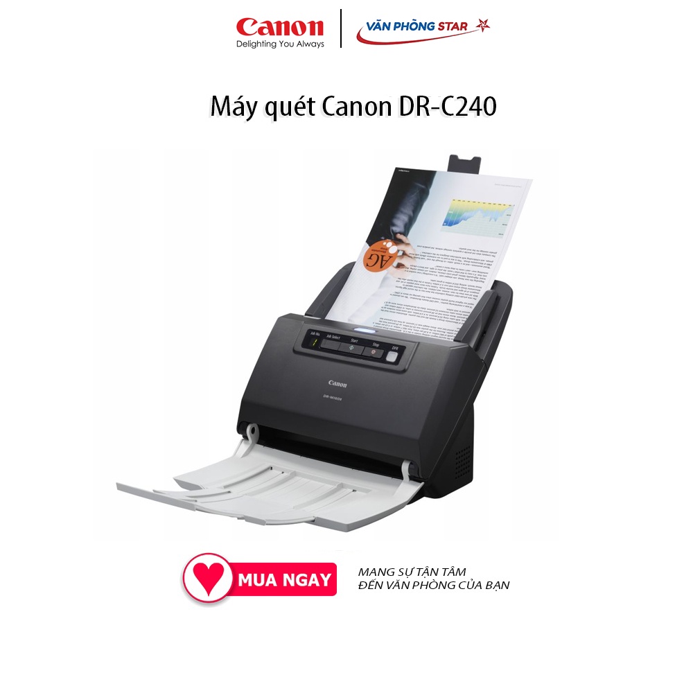 Máy quét Canon DR-C240 Nạp tài liệu Tự động, Tốc độ quét 45 trang/phút (1 mặt) / 90 ảnh/phút (2 mặt)
