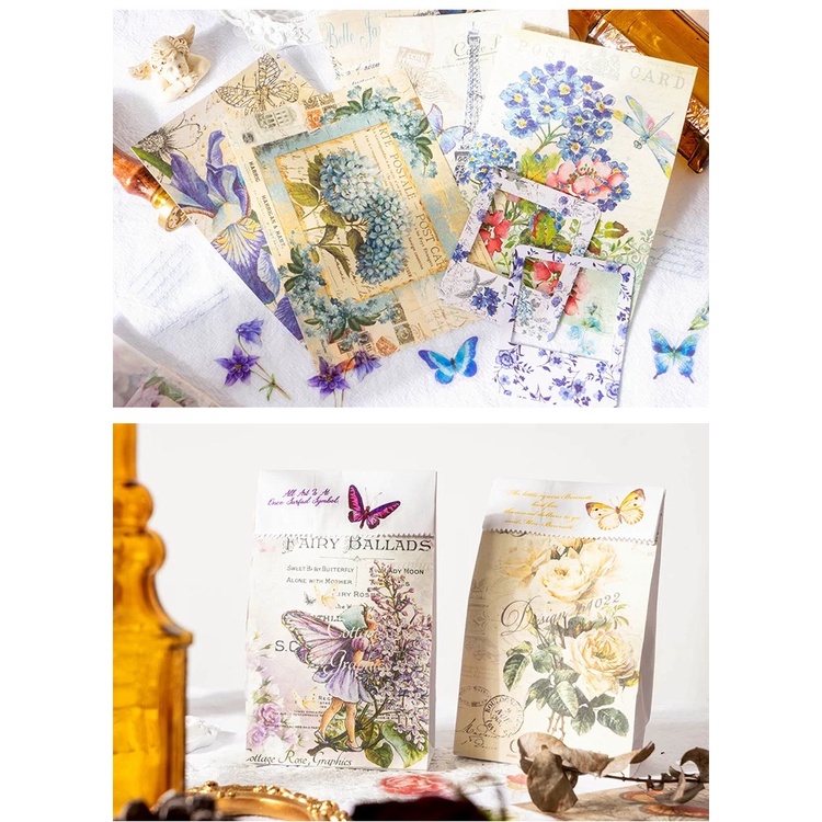 Set scrapbook thiên nhiên hình hoa lá vintage cổ điển trang trí sổ bullet journal phụ kiện decor chụp ảnh