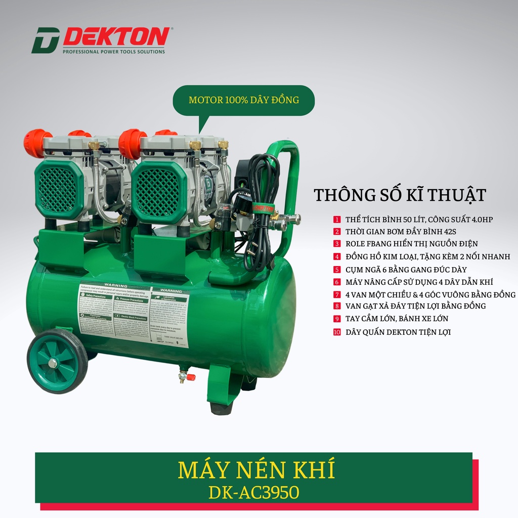 Máy Nén Khí 4HP/50L Dekton Khong Dầu / DK-AC3950 / 42 Giây Đầy Bình/50L