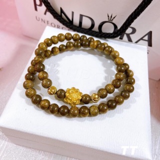 Vòng trầm hương mix charm sen bạc xi vàng Tây