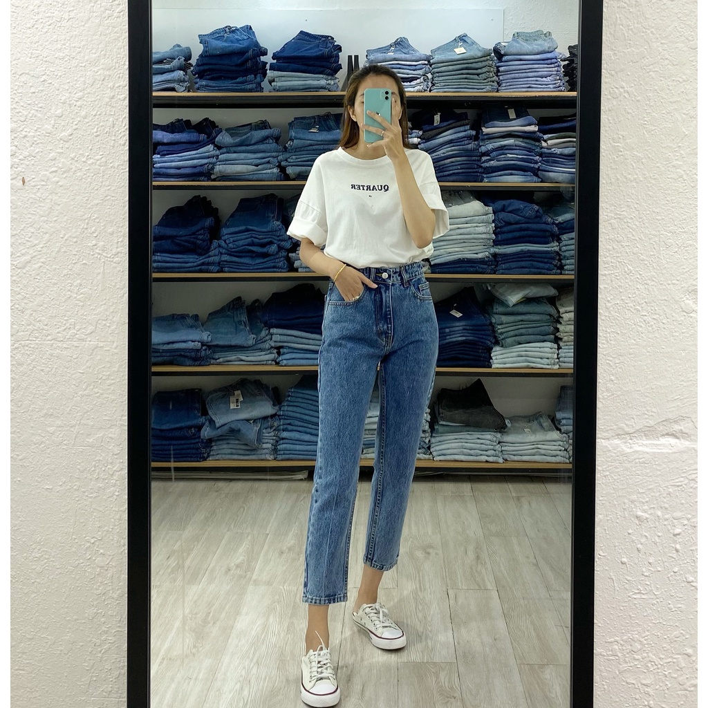 Quần Mom Jeans Nữ Lưng Cao Màu Xanh M-03E
