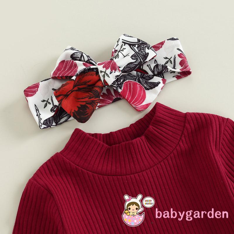 Bộ Áo Liền Quần Tay Dài Cổ Cao Màu Trơn + Quần Dài Ống Loe In Hoa + Băng Đô Cài Tóc Thời Trang Mùa Thu Cho Bé Gái 0-18 Tháng Tuổi