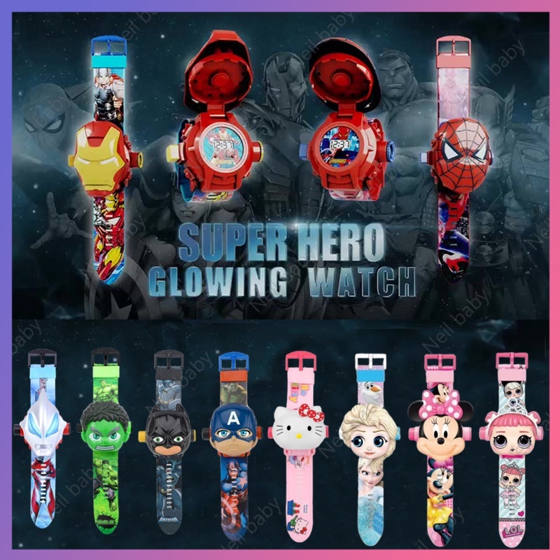 đồng hồ bé trai đồng hồ cho bé gái Đồng Hồ Chiếu Đèn Chiếu Hình Siêu Anh Hùng Ultraman Người Nhện Iron Man Elsa Princess Nắp Lật Có Đèn Chiếu Cho Trẻ Em
