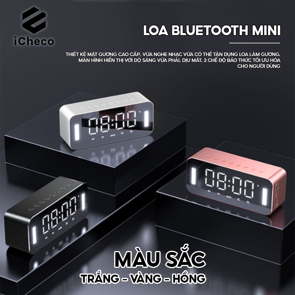 Loa bluetooth mini để bàn ICHECO LB01 tích hợp đồng hồ báo thức hỗ trợ nghe FM, radio