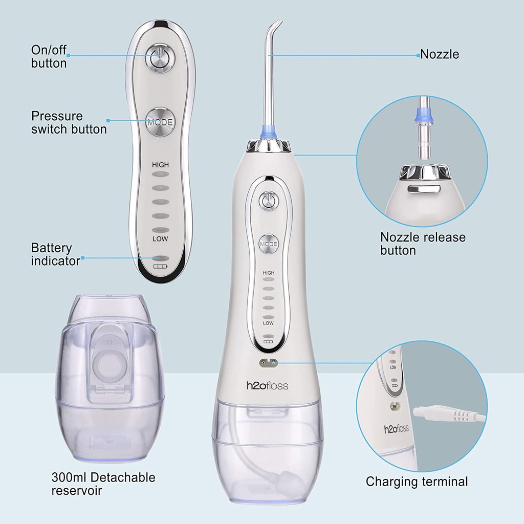 Máy tăm nước H2OFLOSS HF-6P , Tăm nước du lịch cầm tay kèm túi và 5 đầu xịt H2OFLOSS