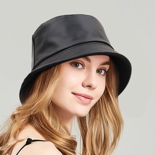 Nón bucket chất liệu da pu màu đen trơn thời trang thu đông mới 2023 cho nam nữ