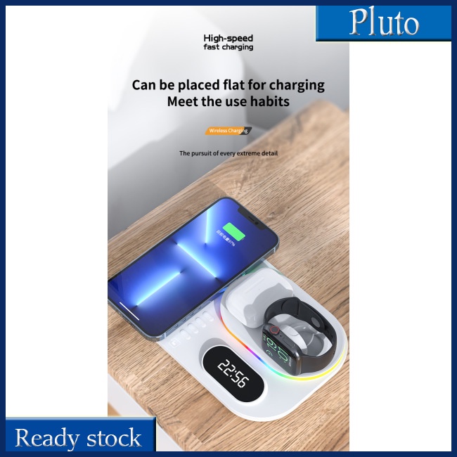 Đế Sạc Nhanh Không Dây 4 Trong 1 Kiêm Đồng Hồ Báo Thức Cho Airpods Pro Iwatch Rgb Có Đèn Led Cho Iphone