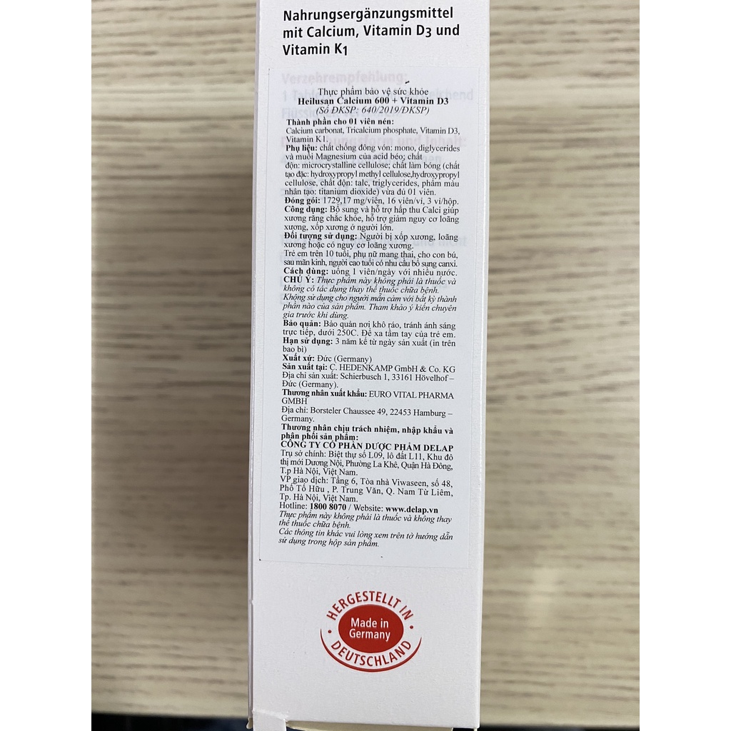 Calcium 600+Vitamin D3 Heilusan Bổ Sung Và Hỗ Trợ Hấp Thu Tối Đa Calci Cho Xương,Răng