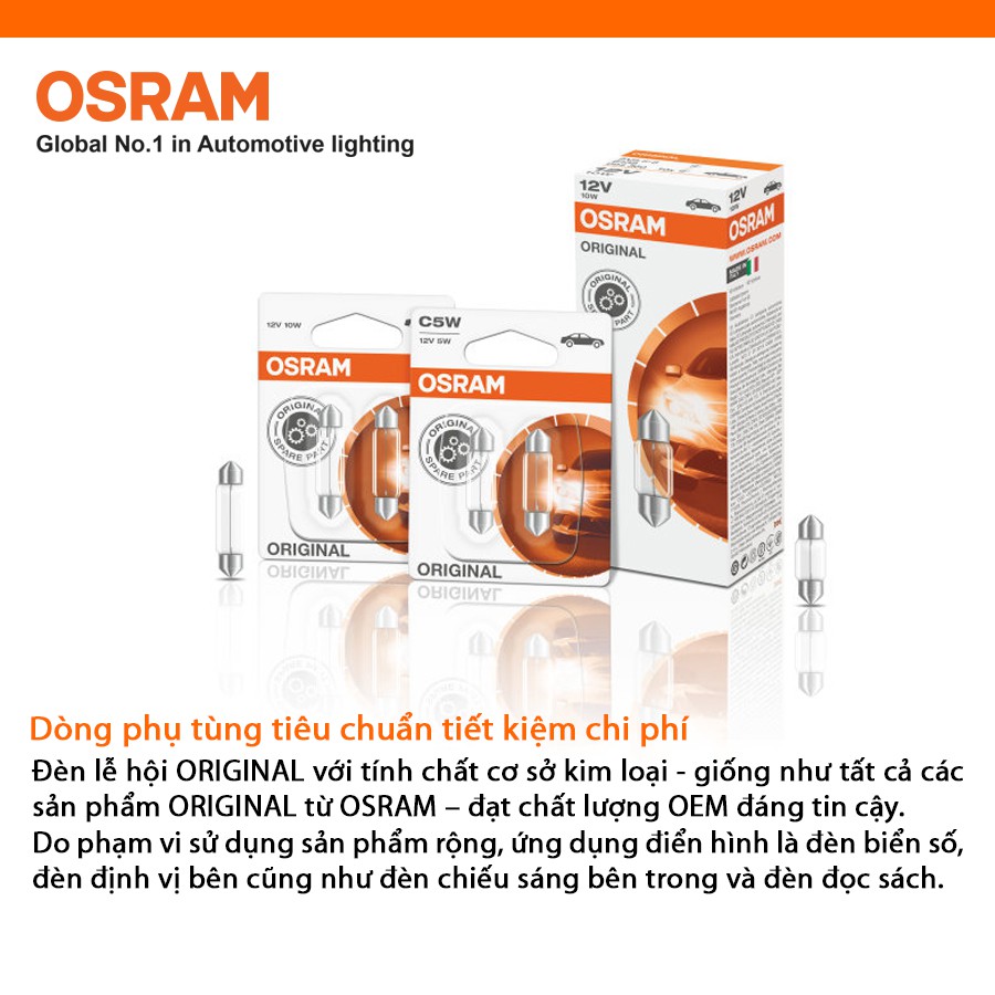 Combo 10 Bóng Đèn Cana Dài OSRAM Original C5W 12V 5W Nhập Khẩu Chính Hãng