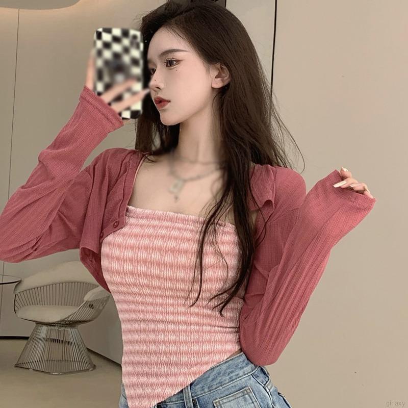 Áo croptop hai dây họa tiết sọc tà không cân xứng/ Áo khoác cardigan tay dài màu trơn thời trang hàn quốc (bán lẻ)
