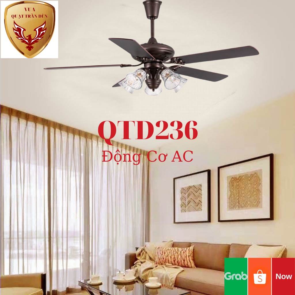 Quạt Trần Cánh Gỗ 5 Bóng  QTD236, Quạt Trân Có Đèn Trang Trí Phòng Khách, Động Cơ AC