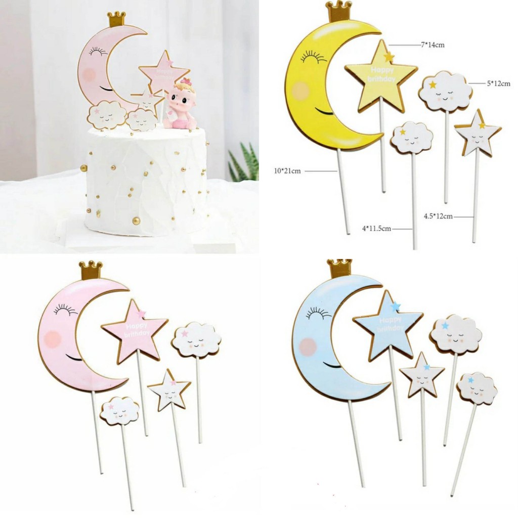 Phụ kiện trang trí bánh sinh nhật bánh kem - SET THẺ CẮM GIẤY TRĂNG SAO MÂY - TCHH