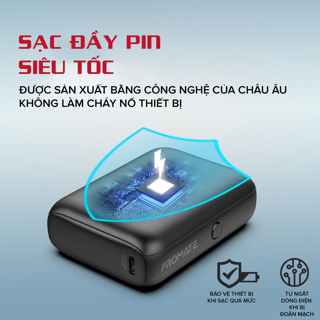 Sạc Dự Phòng Mini 10000mAh PROMATE Acme PD 22W - QC 3.0 Đầu Ra 2 Cổng Sạc USB-C & USB-A, Sạc Nhanh Cho iP/ Android