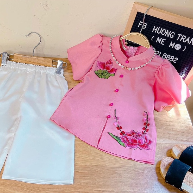 Bộ bà ba sen hồng, bộ đi chùa cho bé gái 9-28kg