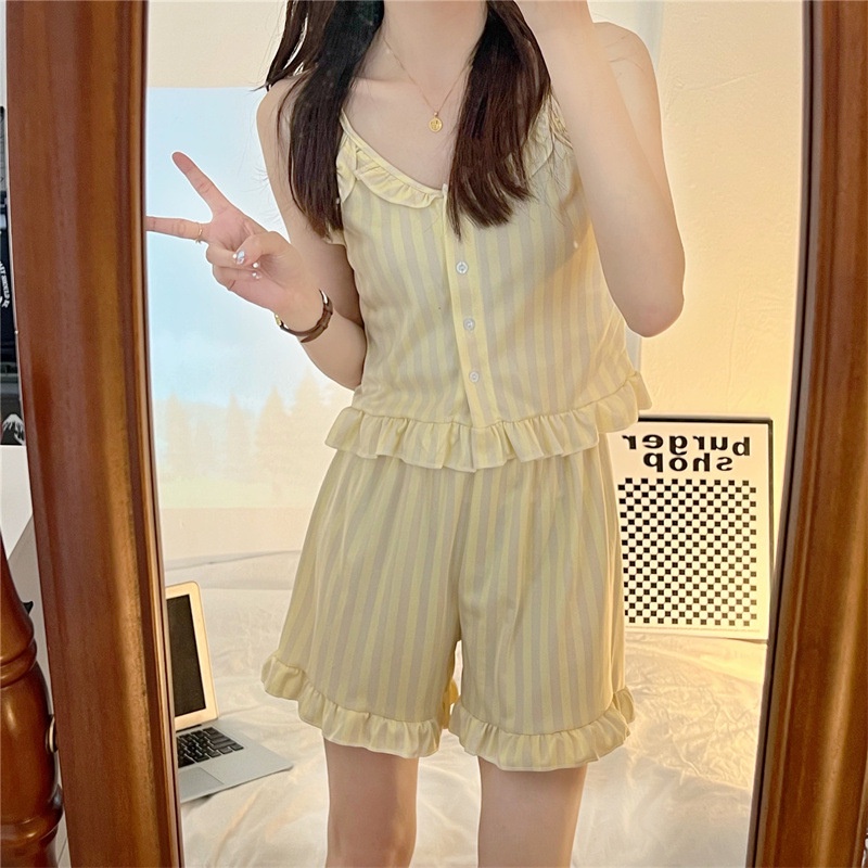 Bộ Đồ Ngủ Pijama Hai Dây Không Tay Phối Ren Phong Cách Mới Dành Cho Nữ