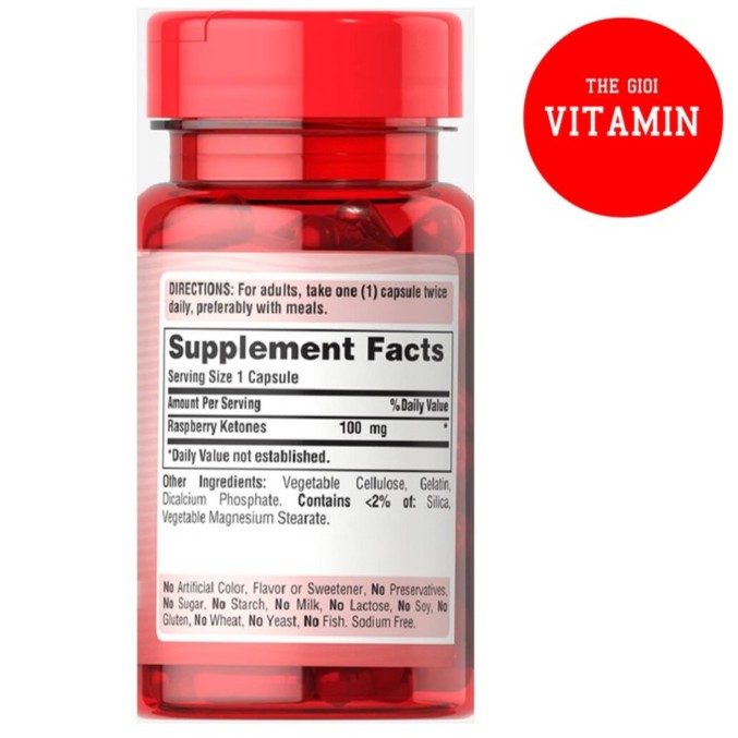Viên uống giảm cân Raspberry Ketones an toàn và hạn chế tích tụ mỡ 60 viên- Mỹ